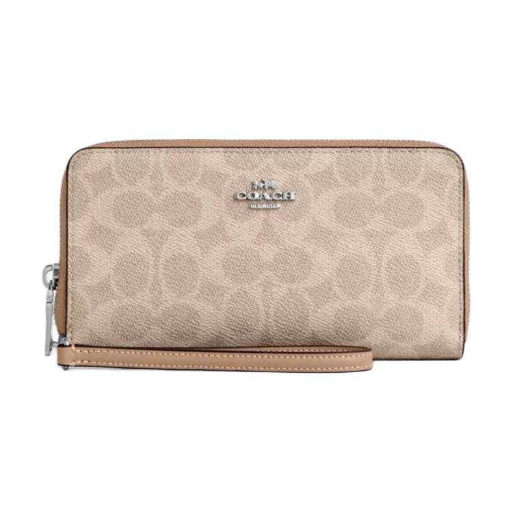 COACH Zip Around Coated Canvas Wallet Women's Silver & Sand & Taupe