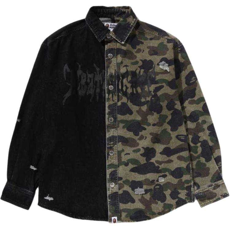 A BATHING APE Bape 1st Camo Blocking Destroyed Heavy Wash Logo L/S Shirt