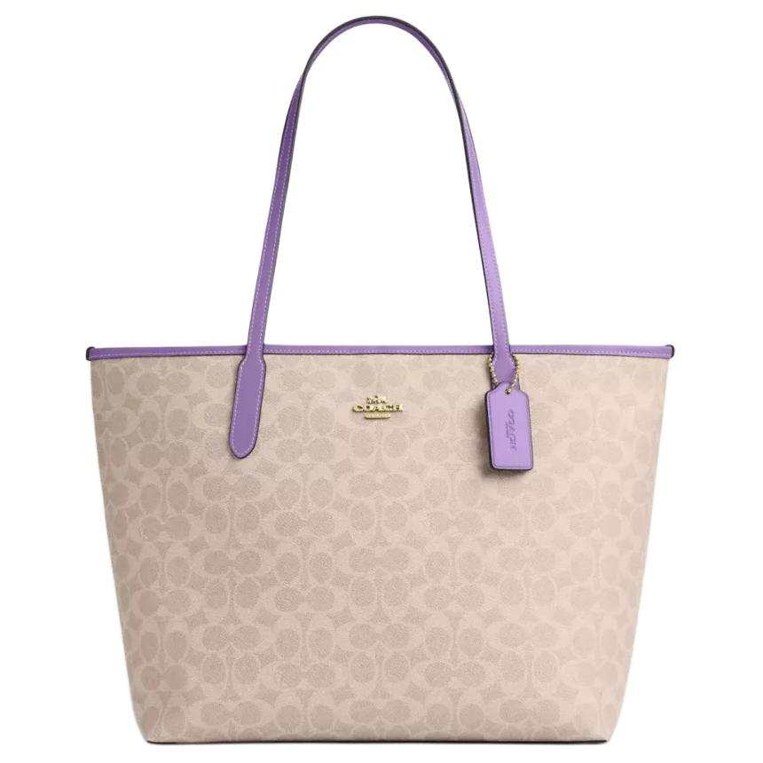 COACH City Coated Canvas Tote Bag, Shopping Bag, Handbag, Shoulder Bag Large Women's Beige & Purple