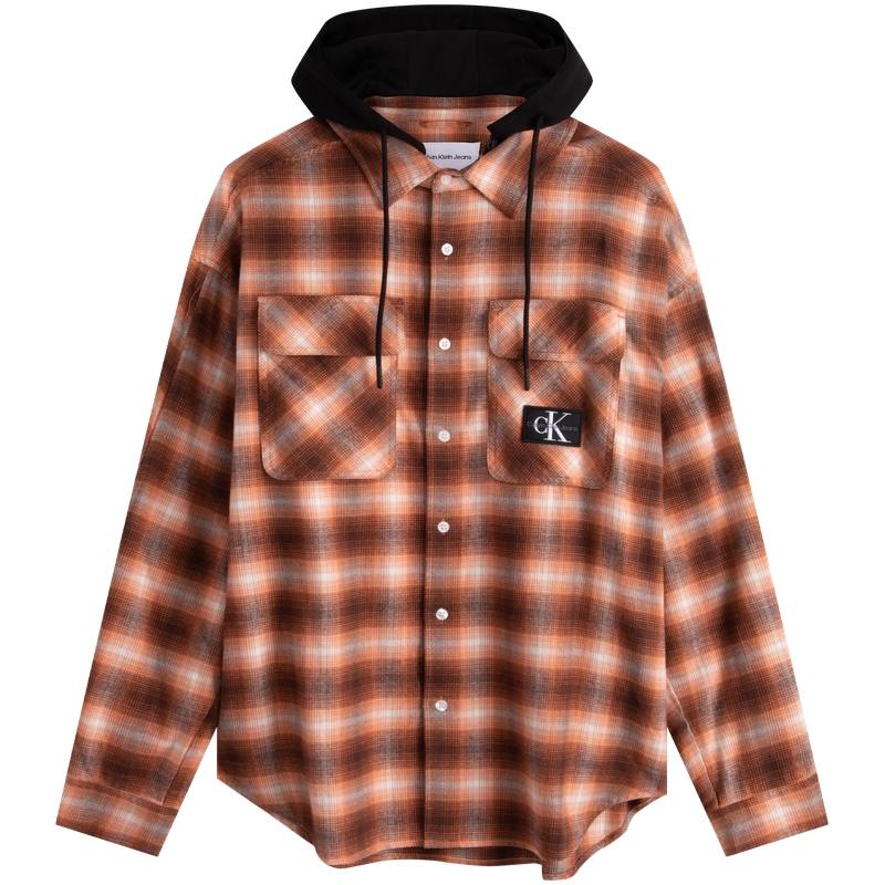 Calvin Klein Shirts Men's GT8 Bronze Brown Checkered Hooded Detachable Moderate Other