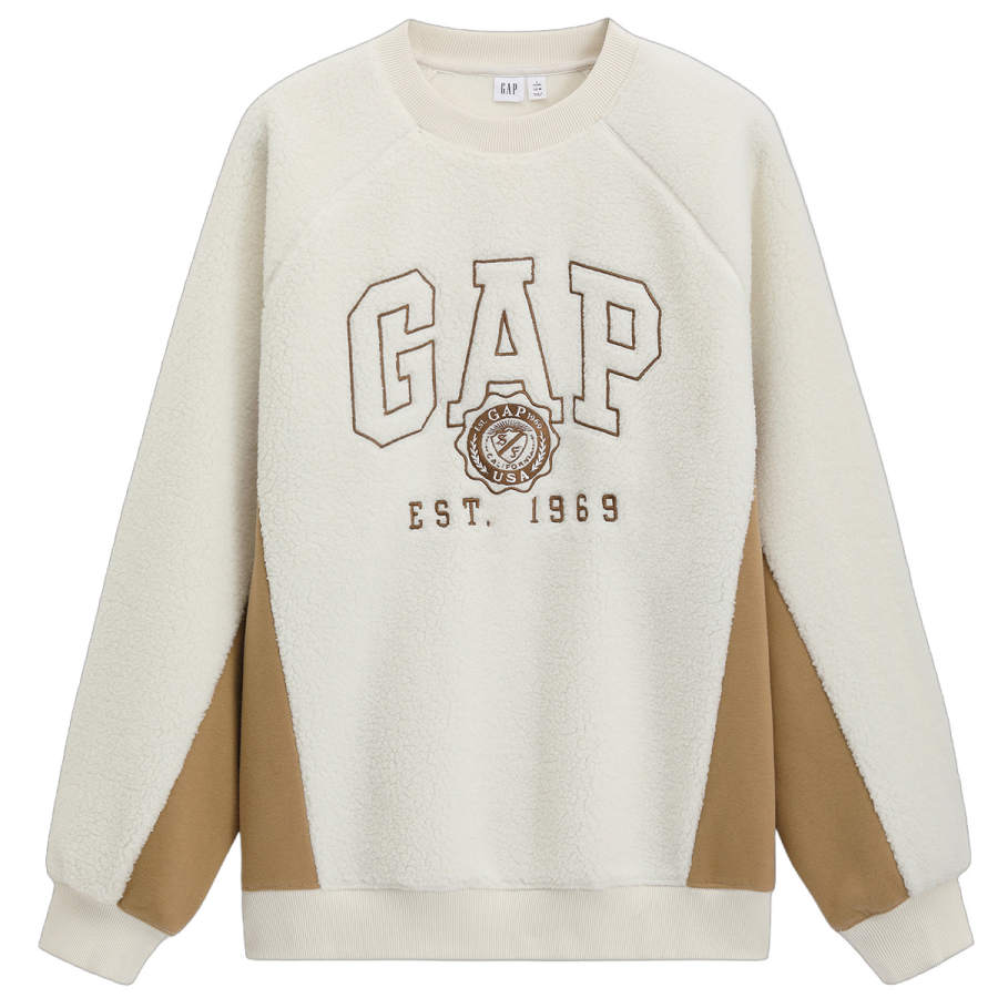 GAP Fall Winter Faux Sherpa Logo Color Block Patchwork Fleece Lined Crew Neck Top Sweatshirt Unisex