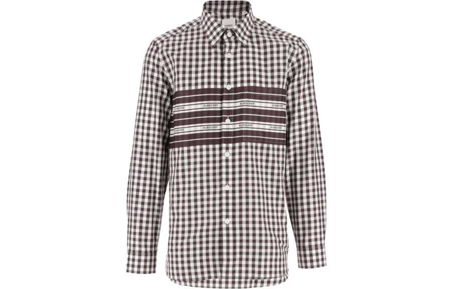Burberry FW23 Mens Letter Stripe Check Print Single-Breasted Casual Shirt Brown