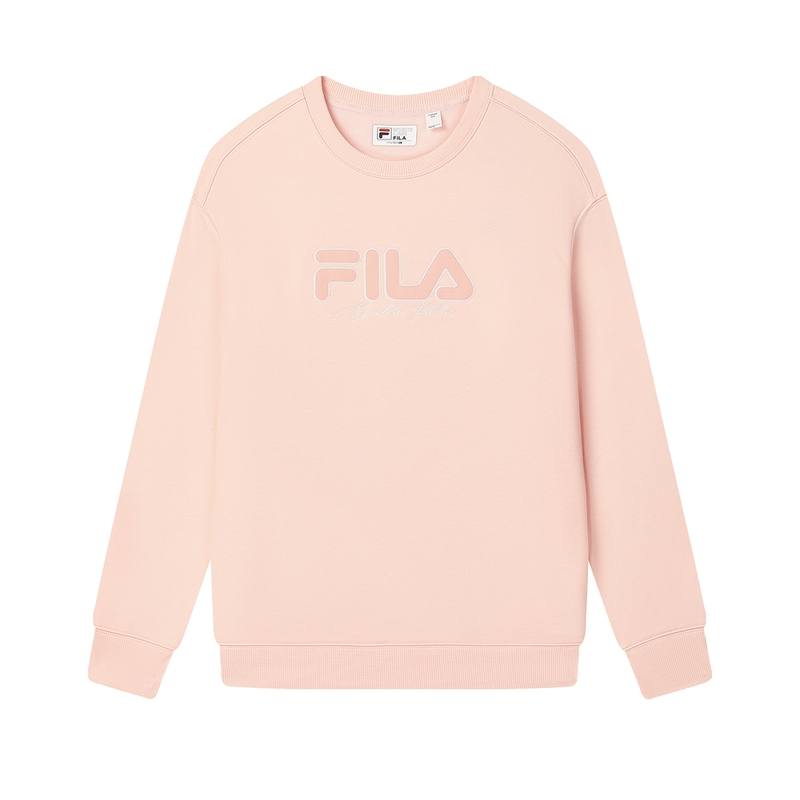 FILA ORIGINALE Crew Neck Pullover Loose Fit Fleece Lined Vintage American Sweatshirt Unisex Orange Pink