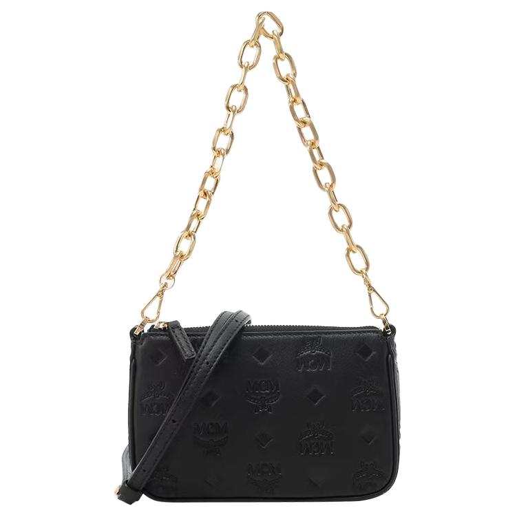 MCM Aren Visetos Leather Handbag, Shoulder Bag Mini Women's Black