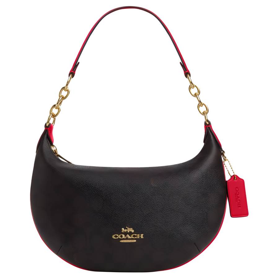 COACH Peyton Coated Canvas Hobo Bag, Handbag, Shoulder Bag Large Women's Walnut & Bold Red