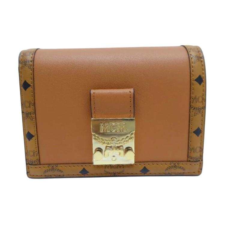 MCM Calfskin With Canvas Trim Wallet Mini Women's Cognac