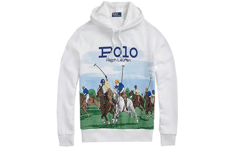 Polo Ralph Lauren Logo Letter Figure Print Fleece Lined Drawstring Hooded Pullover Long Sleeved Sweatshirt Men's White