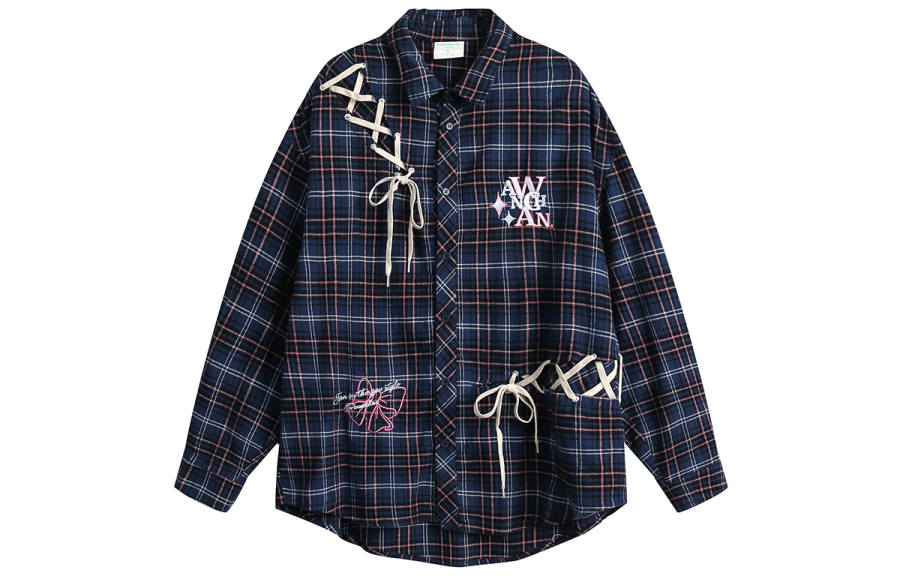 WANCHAO CP Shirts Unisex Blue Plaid Pointed Collar Moderate Shirt