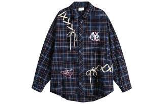 WANCHAO CP Shirts Unisex Blue Plaid Pointed Collar Moderate Shirt
