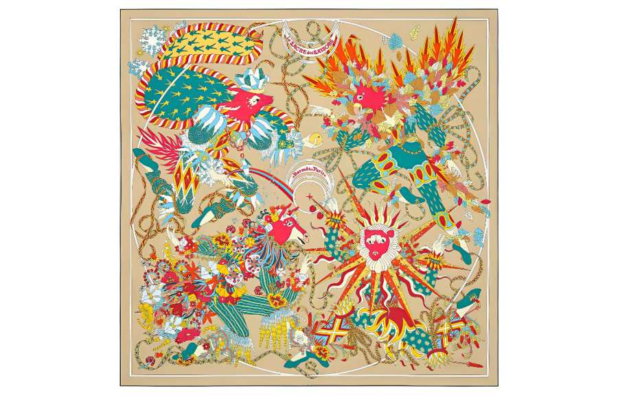 HERMES Le Sacre Des Saisons Mulberry Silk Scarf Women's Yellow