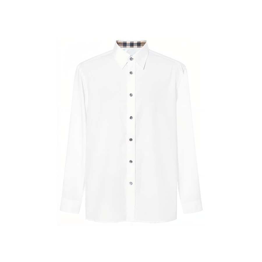 Burberry Men Solid Logo Turn-down Collar Single-breasted Long-sleeve Shirt White