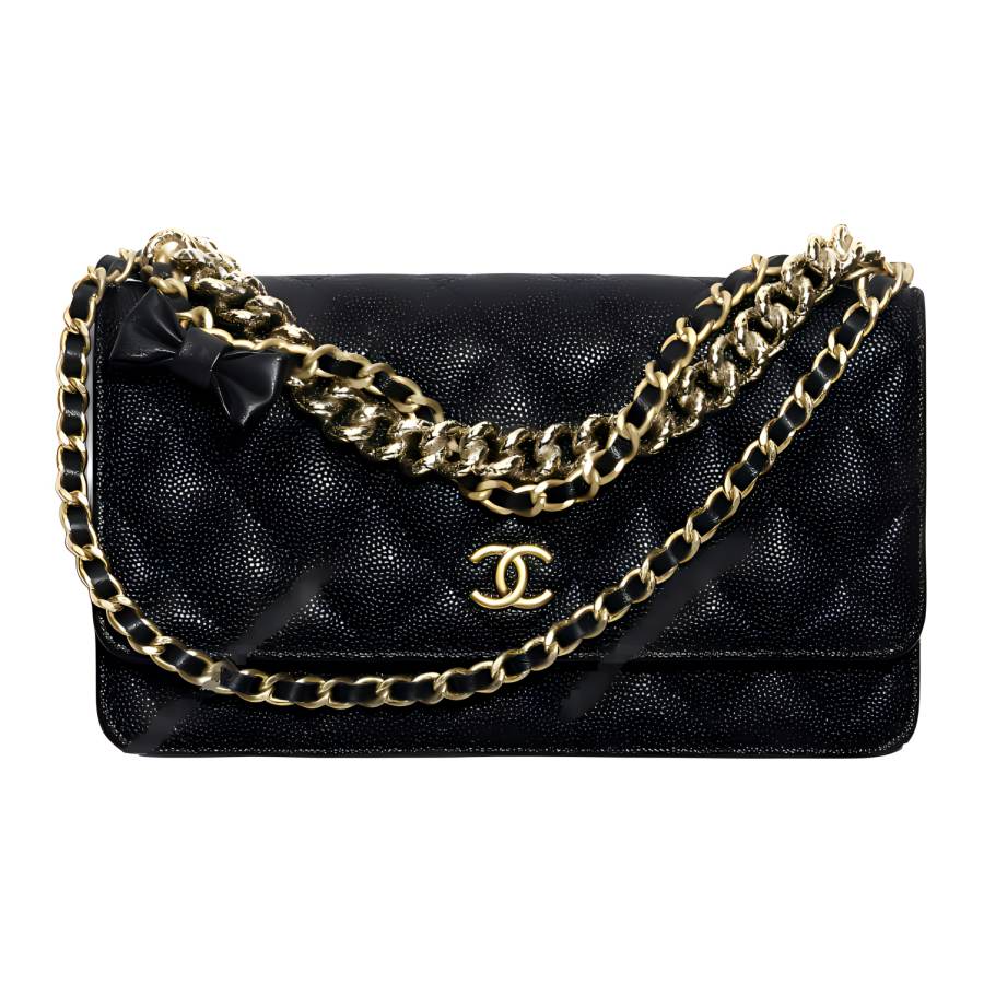 CHANEL WOC Litchi Cow Leather Crossbody Double Layer Trunk Bag, Shoulder Bag Women's Black