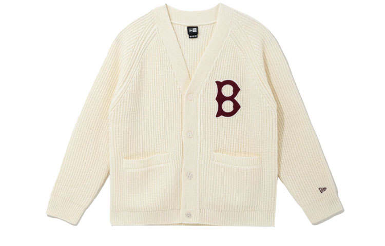 New Era Logo Print Wool Knit Cardigan Beige