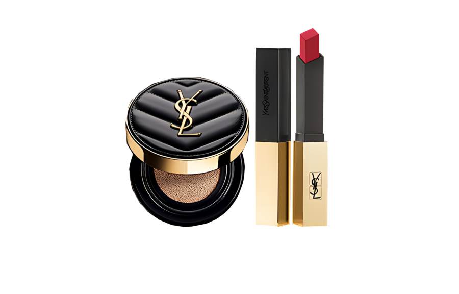 SAINT LAURENT Gold Bar, Black Leather Makeup Sets Matte Finish Clear Adherent Brightening Skin Tone Cosmetics
