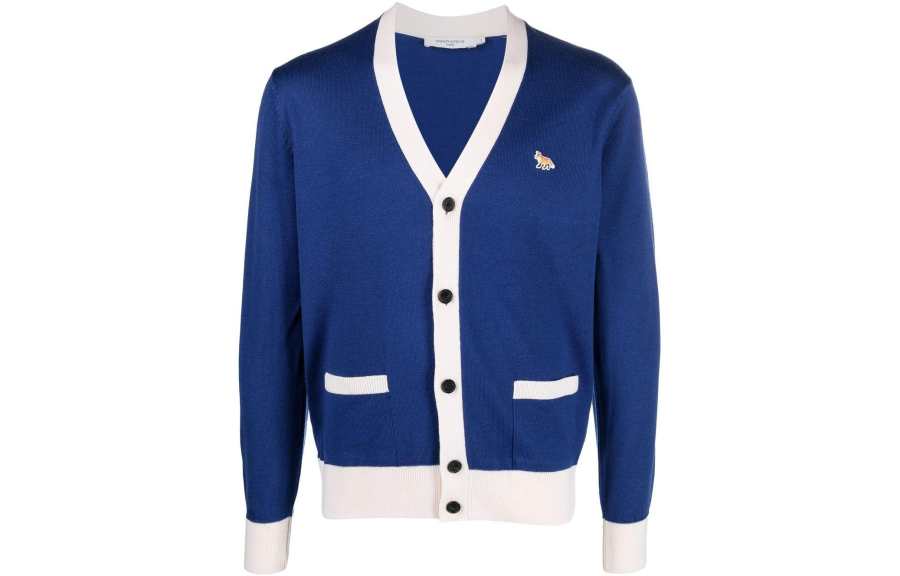 Maison Kitsune Sweaters Unisex Blue White Two Tone V Neck Moderate Mock Two Piece