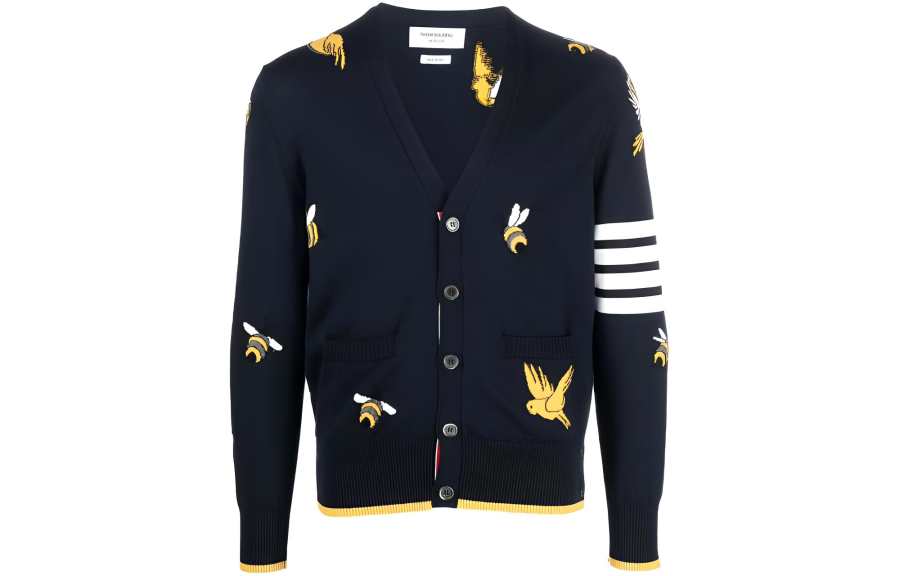 THOM BROWNE THOM BROWNE 4 Bar Striped Intarsia Patterned Buttoned Cardigan