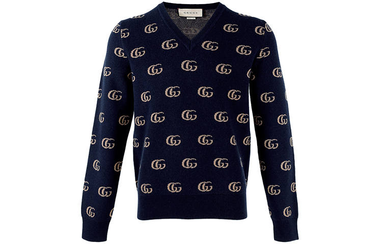 GUCCI Cashmere Sweaters Men's Dark Blue Crew Neck Moderate