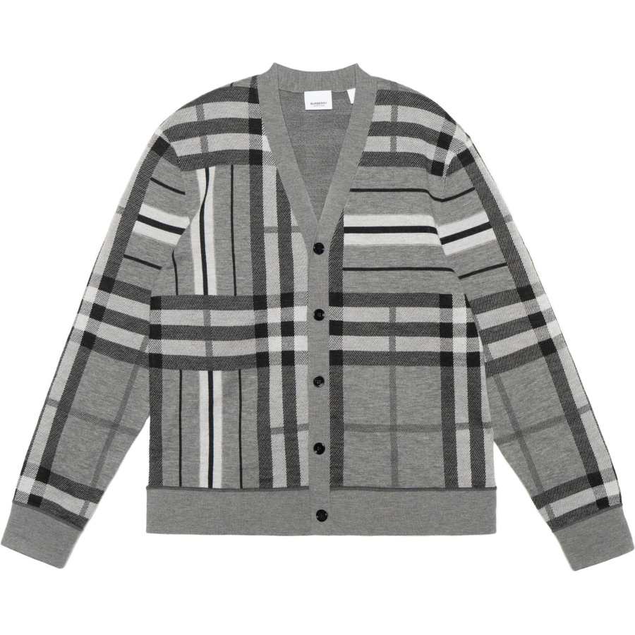 Burberry Check And Stripe Wool Jacquard Cardigan