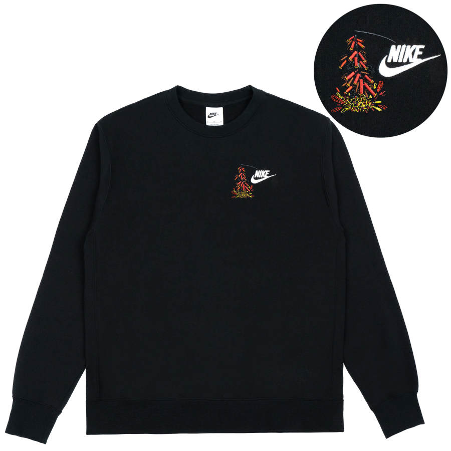 Nike Nike CNY Flaming Red Embroidery Fleece Lined Crew Neck Fashion Versatile Long Sleeved Sweatshirt Unisex Black