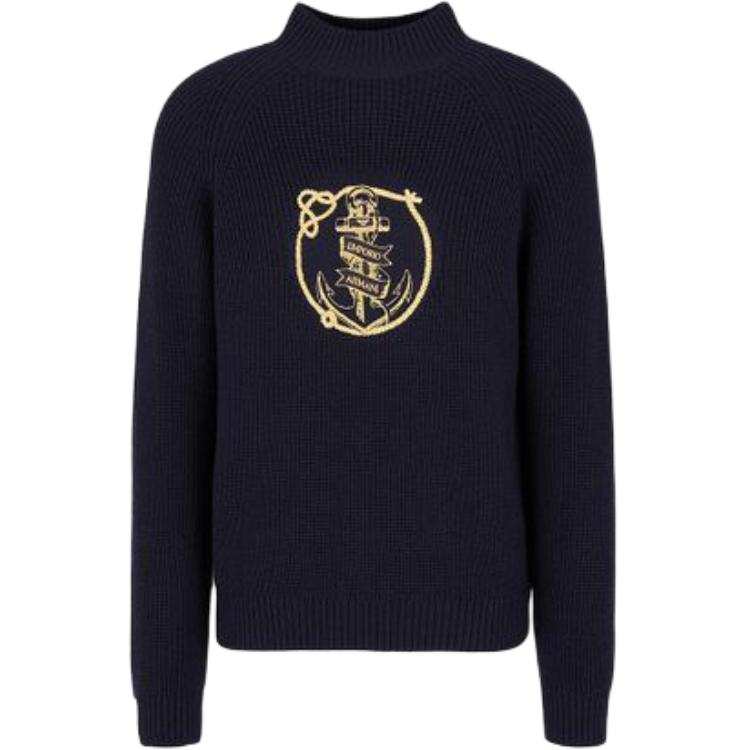 EMPORIO ARMANI Virgin wool blend Mock neck Jumper With Anchor And Logo Embroidery