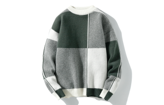 BEENTRILL Logo White Label Checkered Jacquard Fleece Lined Crew Neck Sweater Unisex Army Green