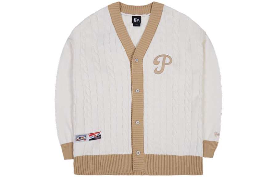 New Era Sweaters Unisex Ivory V Neck Moderate Cardigan