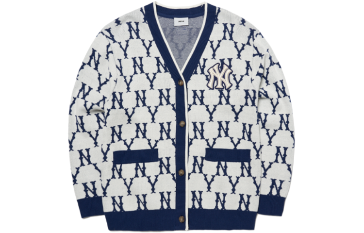MLB Old Flower Sweaters Unisex Blue With White Lettering V Neck Moderate Cardigan