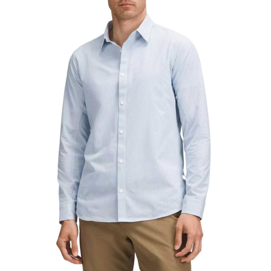 Lululemon New Venture Shirt Men's White Heating Blue Willow Stripes