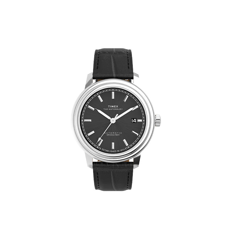 TIMEX Waterbury Wrist Watches Automatic Mechanical Movement Genuine Leather Strap Black Dial Men's Watches