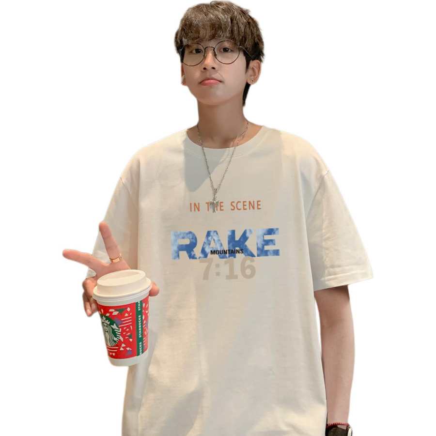 Tonlion Short Sleeved T Shirts Men's Raw White