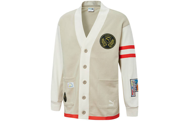 PUMA Mix Badge Long Knitwear Unisex Ecru V Neck Moderate Cardigan