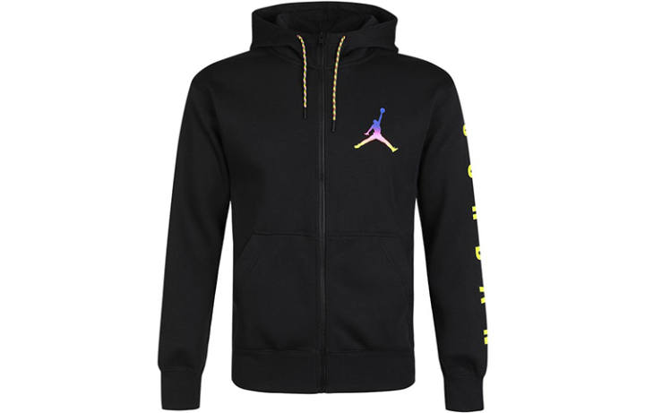 Jordan Jordan Solid Color Logo Print Athleisure Fleece Lined Zippers Hooded Jacket Men's Black
