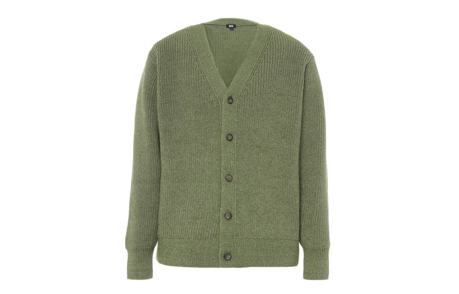 UNIQLO Knitwear Men's Olive V Neck Moderate Cardigan