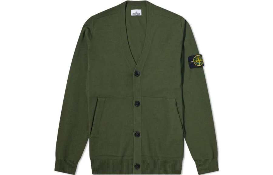 STONE ISLAND Knitwear Men's Olive Green V Neck Moderate Cardigan