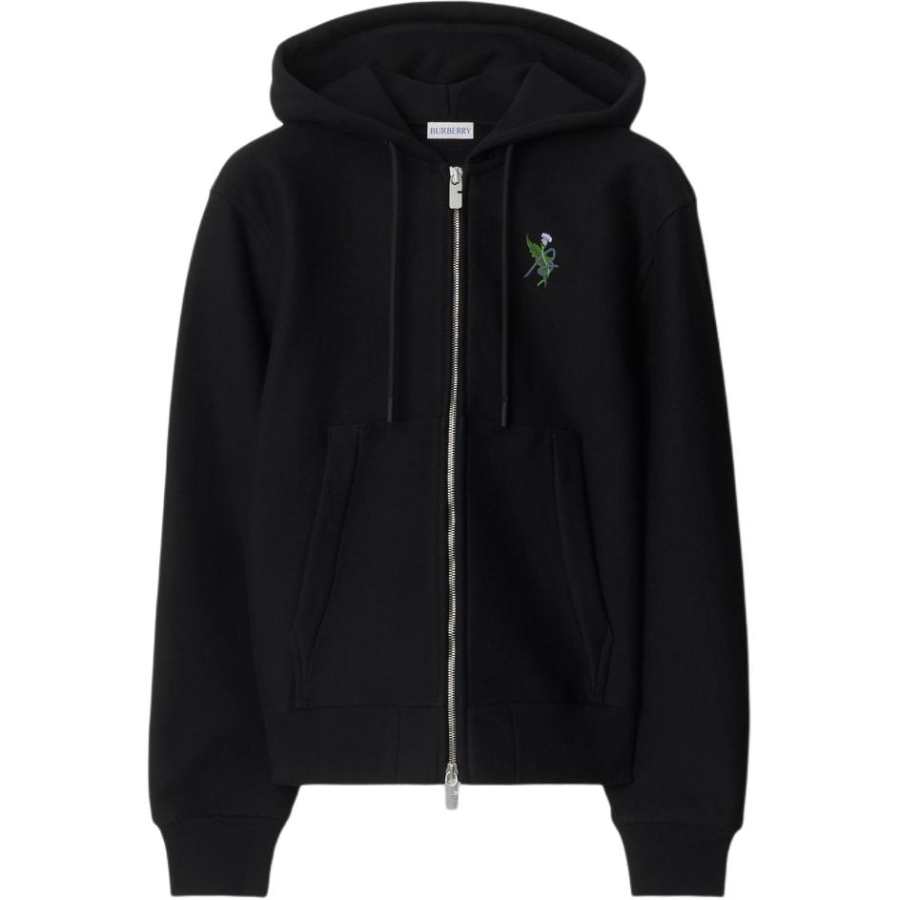 Burberry Logo Embroidered Zip Up Drawstring Hoodie