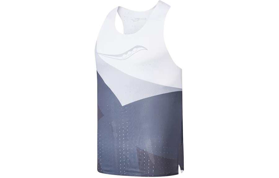 Saucony SS24 Running Tank Top Men's White Base With Black And Gray Colorblock Print Set