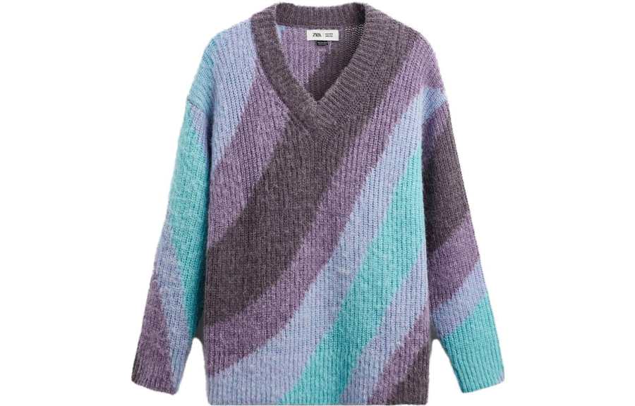 ZARA Sweaters Men's Light Purple V Neck Moderate Other