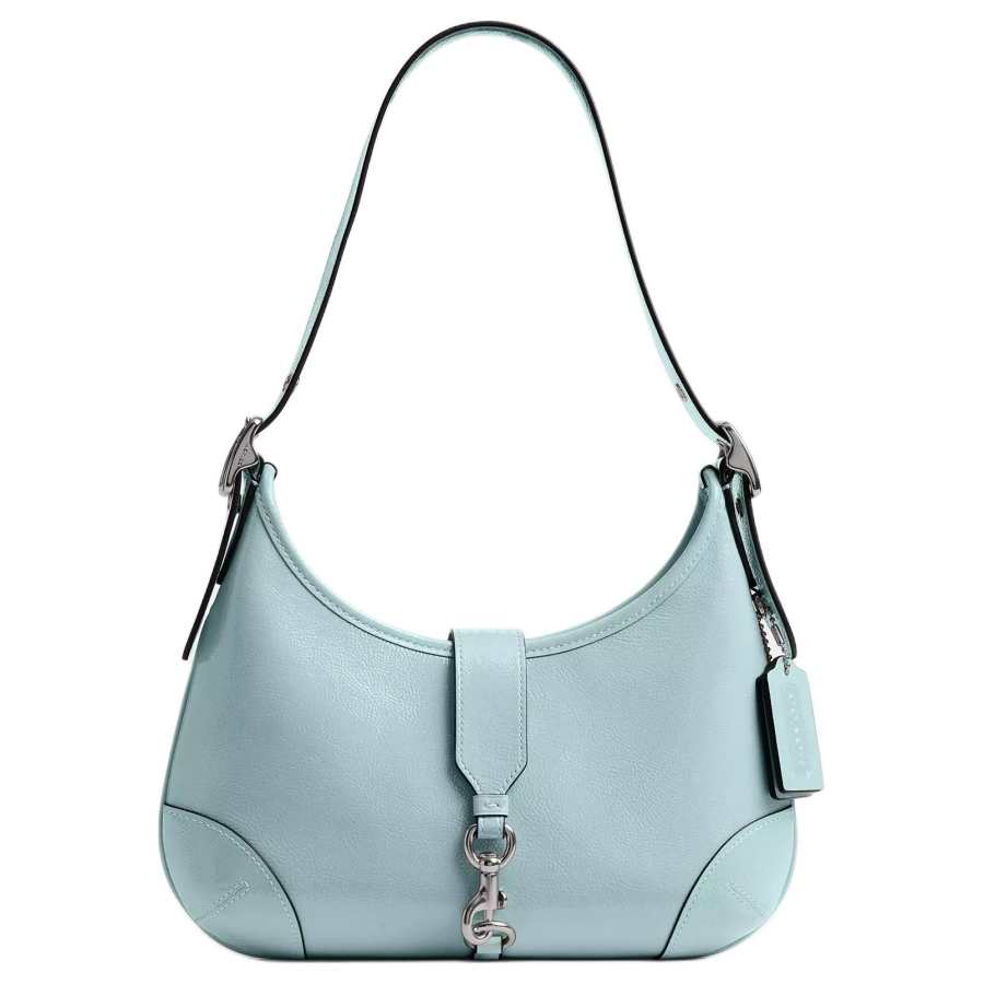 COACH Hamptons Pleated Patent Leather Hobo Bag, Handbag, Shoulder Bag Medium Women's Light Blue