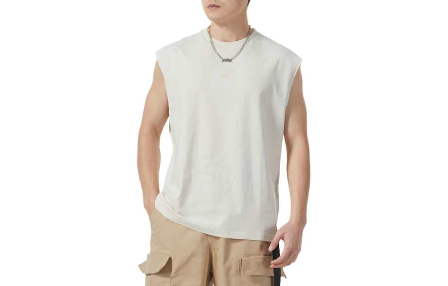 PUMA Tank Tops Men's Beige Crew Neck Moderate Straight Fit