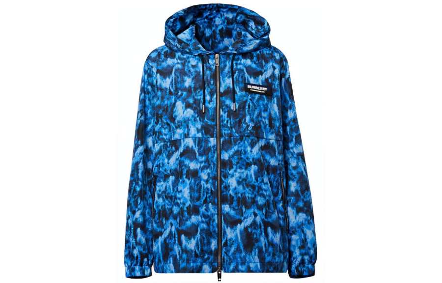 Burberry Men Letter Logo Zip-Up Hooded Jacket Navy Blue