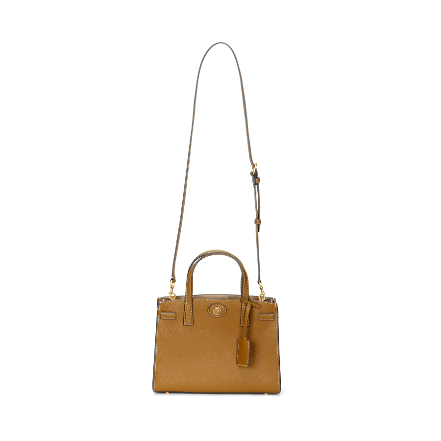 TORY BURCH Robinson Litchi Grain Leather Briefcase, Shoulder Bag, Crossbody Bag, Handbag Small Women's Brown