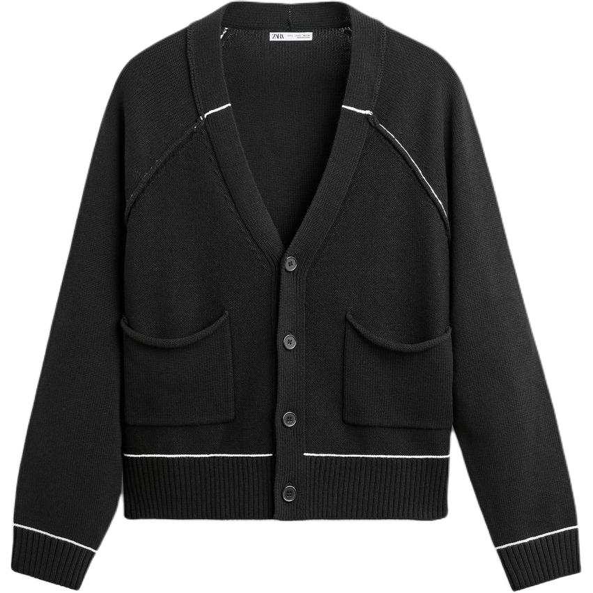 ZARA Knitwear Men's Black V Neck Moderate Cardigan
