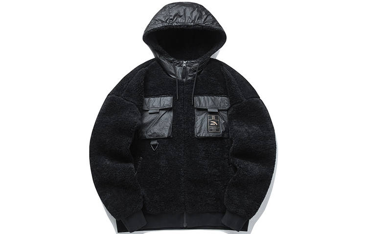 Anta Life Collection 3D Effect Pocket Logo Sports Fleece Lined Knitted Fabric Hooded Jacket Unisex Black