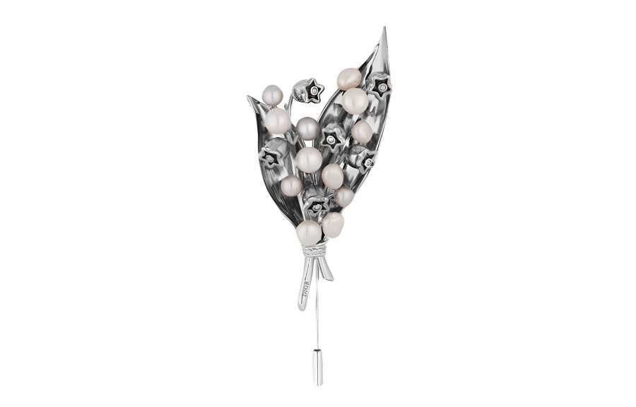 DIOR Lily Of The Valley Silver Finish Brass, Pearl Decoration Brooches Women's Silver