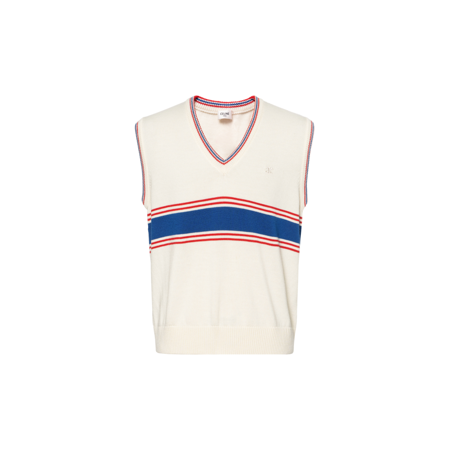 CELINE V Neck Sweater In Striped Wool Knitwear Men's Beige
