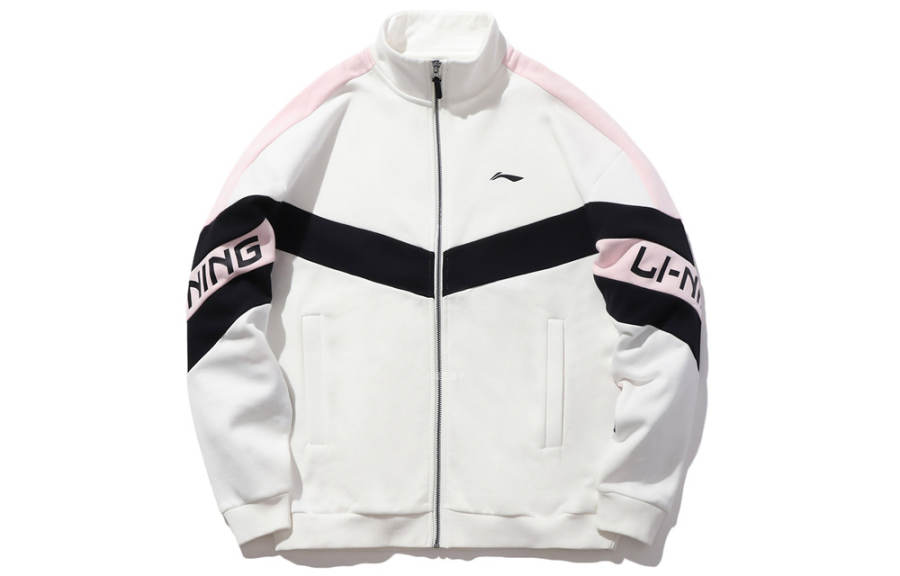 Li-Ning Li Ning Logo Sports Fashion Collection, Fleece Lined Stand Collar Cardigan Thermal Logo Sports Jacket Unisex Ivory