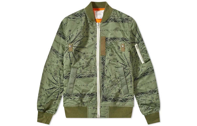 Sacai Jackets Men's Army Green Baseball Collar Moderate Other