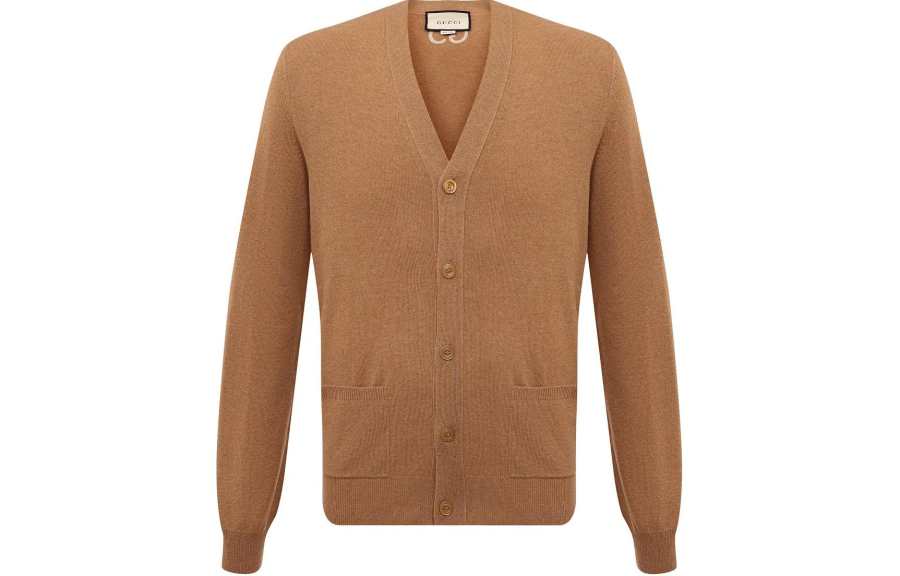 GUCCI Knitwear Men's Brown V Neck Moderate Cardigan