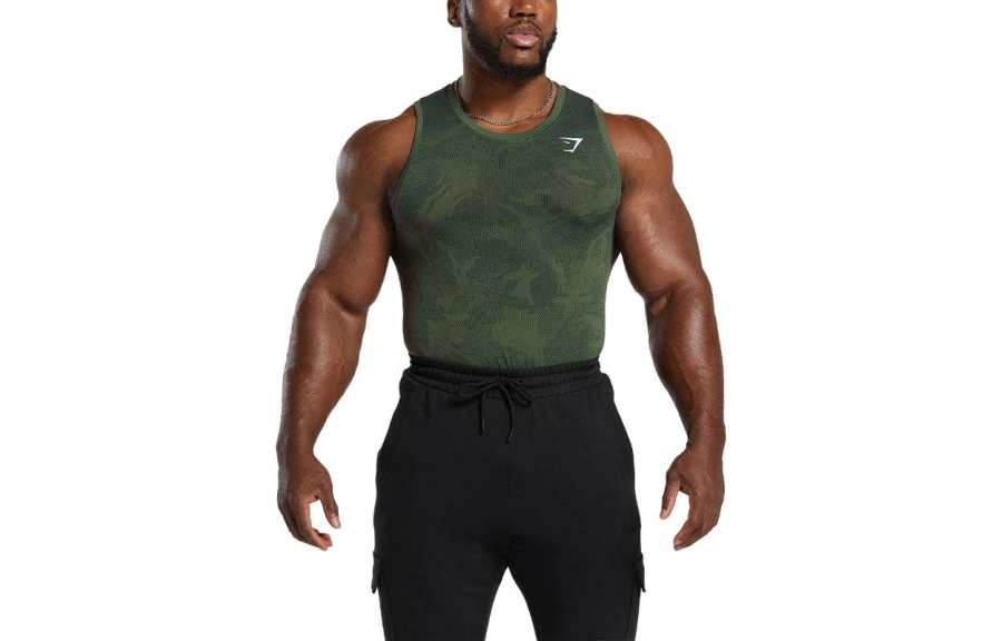 GYMSHARK Tank Tops Men's Green Crew Neck Moderate Straight Fit