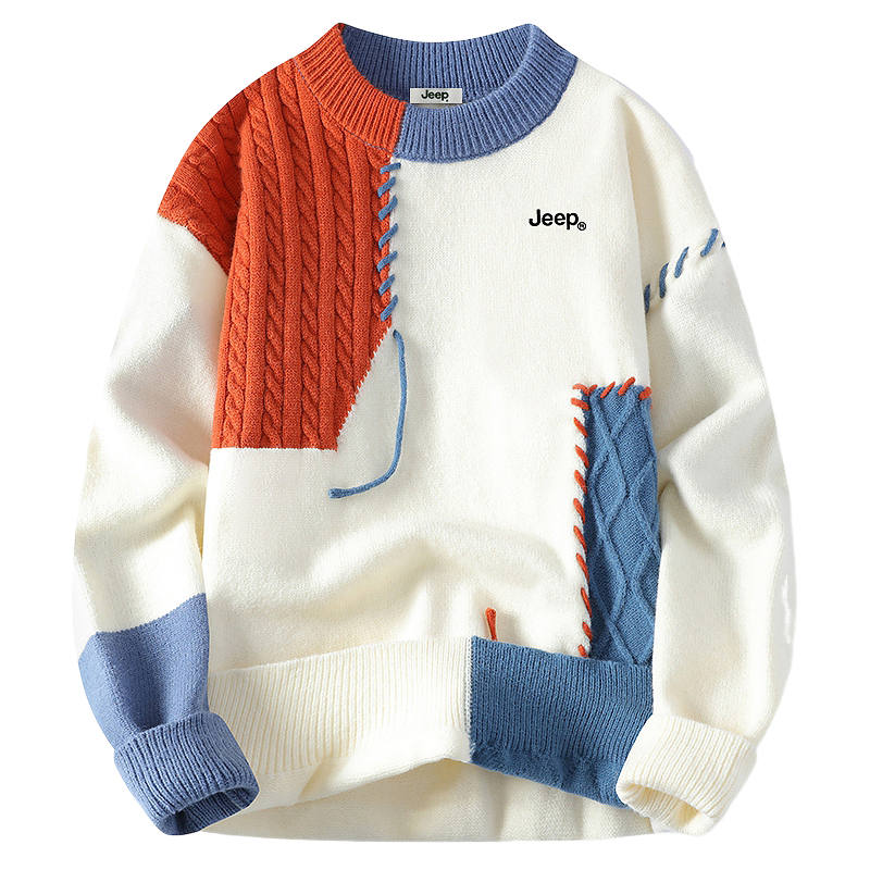 Jeep Color Block Multicolor Crew Neck Long Sleeved Fleece Lined Thermal Sweater Unisex